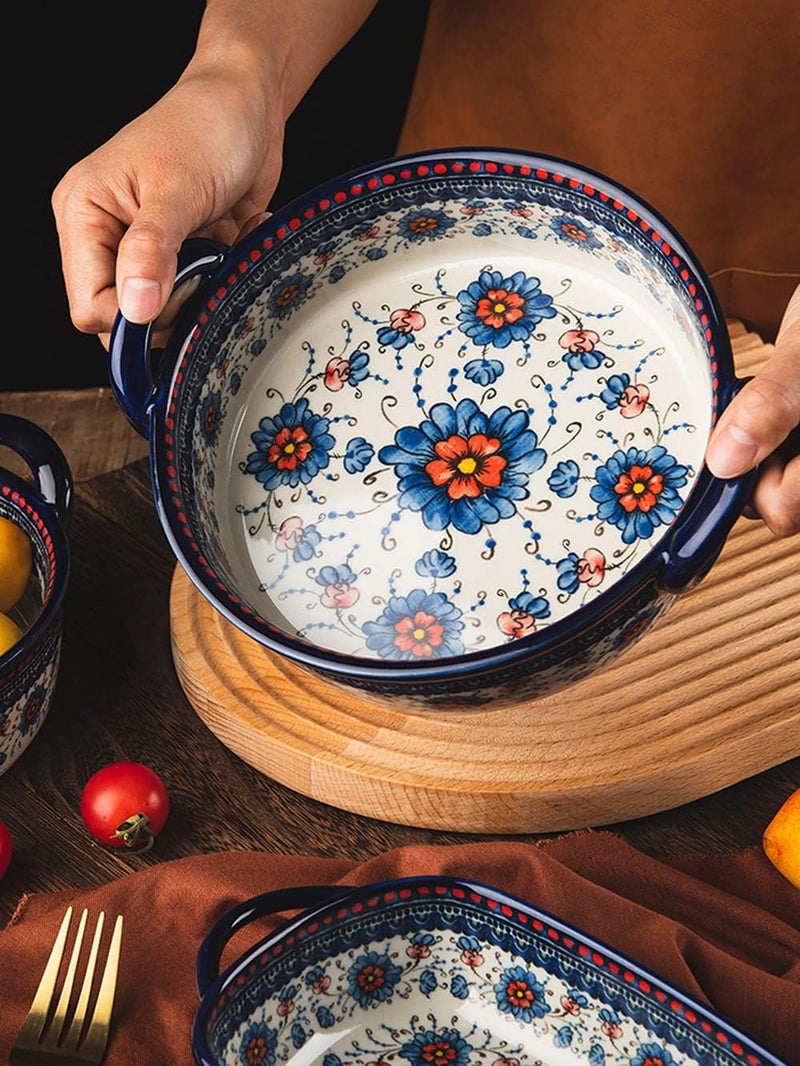 Bicuzat Ceramic Casserole Dish with Handles for Oven/Cooking/Kitchen, Vintage Style, Blue and Orange, 1 Piece, 907 ml (30.6 oz) - Image 2