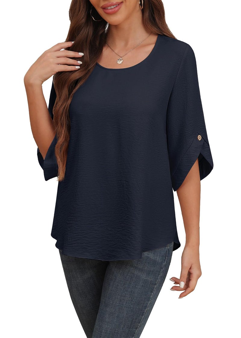 Askyes Womenâ€™s Chiffon Shirts 3/4 Sleeve 2025 Fashion Formal Blouses Summer Loose Fit Blouse Tops,Navy Blue,M - Image 1