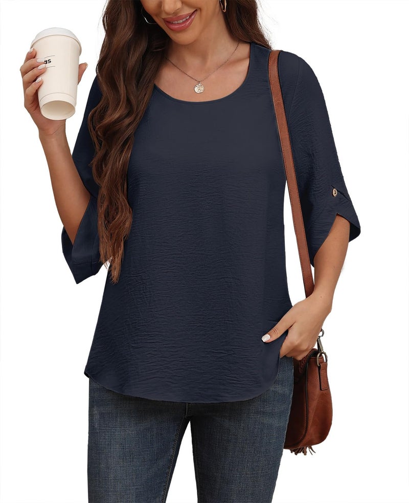 Askyes Womenâ€™s Chiffon Shirts 3/4 Sleeve 2025 Fashion Formal Blouses Summer Loose Fit Blouse Tops,Navy Blue,M - Image 4