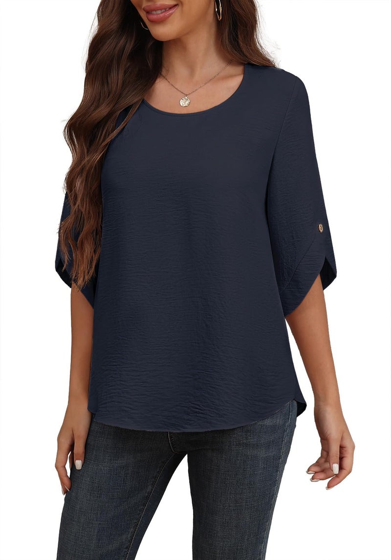 Askyes Womenâ€™s Chiffon Shirts 3/4 Sleeve 2025 Fashion Formal Blouses Summer Loose Fit Blouse Tops,Navy Blue,M - Image 3