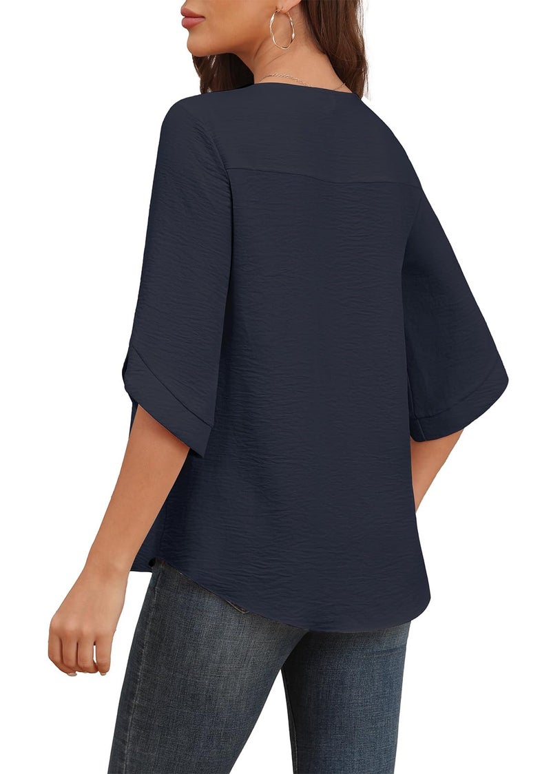 Askyes Womenâ€™s Chiffon Shirts 3/4 Sleeve 2025 Fashion Formal Blouses Summer Loose Fit Blouse Tops,Navy Blue,M - Image 2