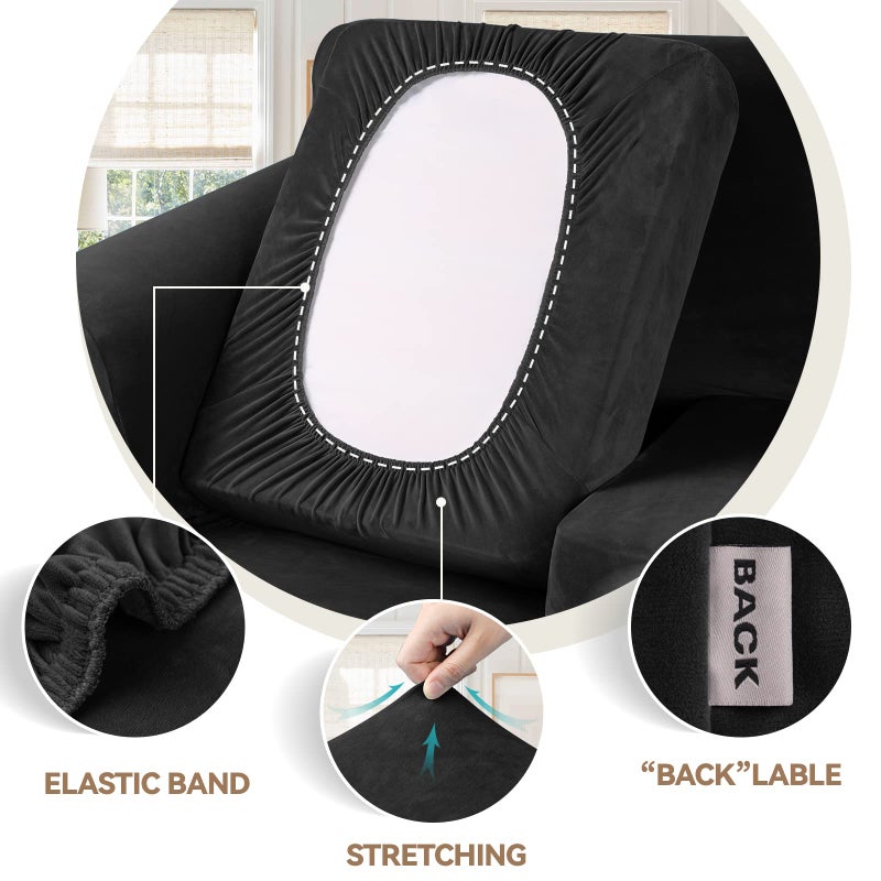 WEERRW 4 Pieces Velvet High Stretch Couch Covers for 3 Cushion Couch Sofa Slipcovers, Washable Furniture Protector with Non Slip Elastic Bottom, Feature Soft and Thick Plush Fabric, Black, Large - Image 3