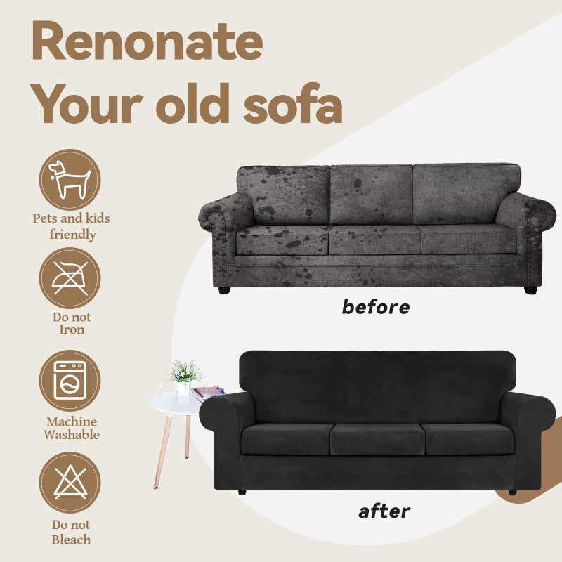 WEERRW 4 Pieces Velvet High Stretch Couch Covers for 3 Cushion Couch Sofa Slipcovers, Washable Furniture Protector with Non Slip Elastic Bottom, Feature Soft and Thick Plush Fabric, Black, Large - Image 5