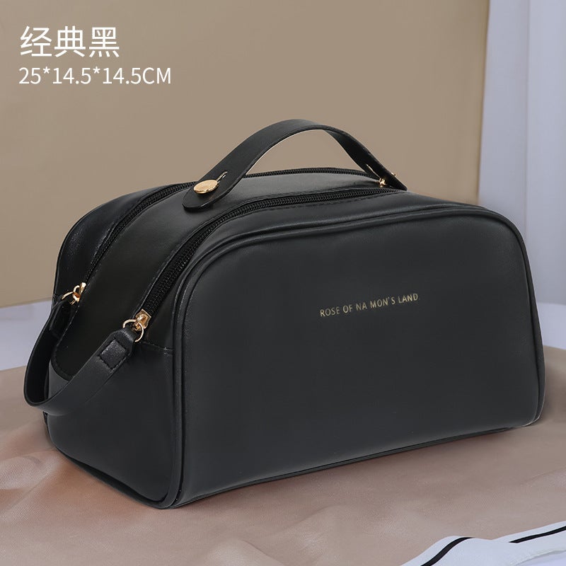 Amazon special PU leather Womens Cosmetic Bag large capacity travel portable ins high sense wash bag in stock wholesale Black-double zipper
