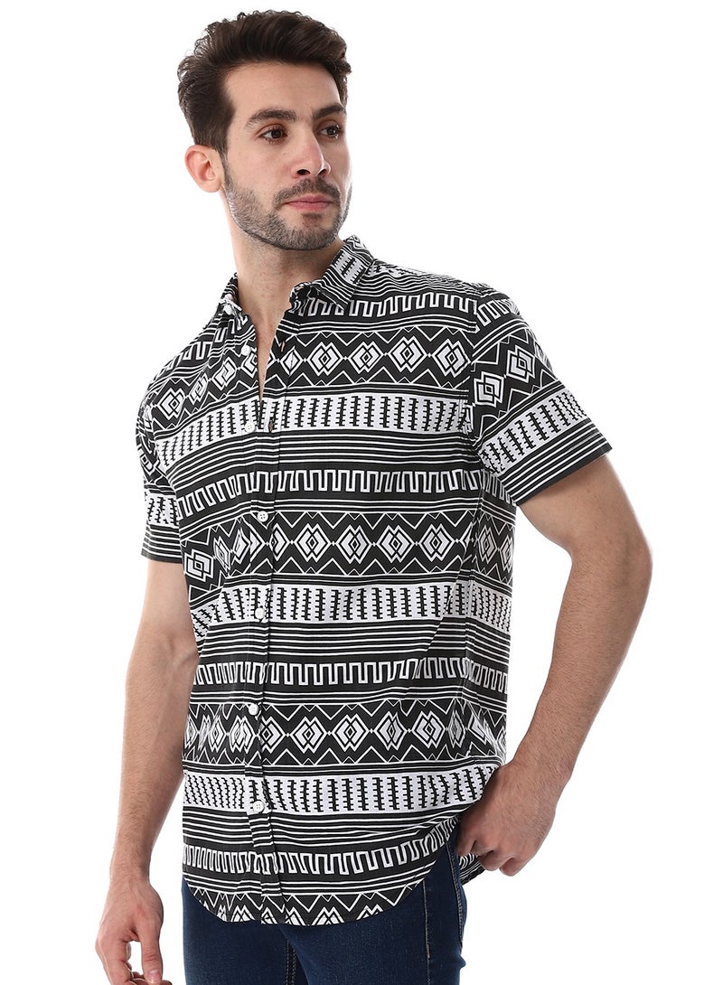 WHITE RABBIT Short Sleeves Turn Down Collar Shirt - Black & White  - Image 2