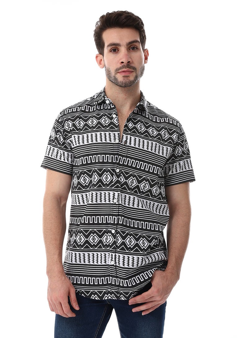WHITE RABBIT Short Sleeves Turn Down Collar Shirt - Black & White  - Image 1