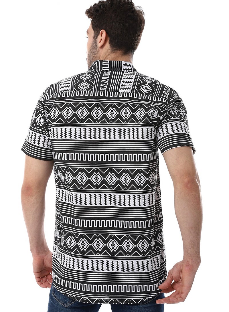 WHITE RABBIT Short Sleeves Turn Down Collar Shirt - Black & White  - Image 3