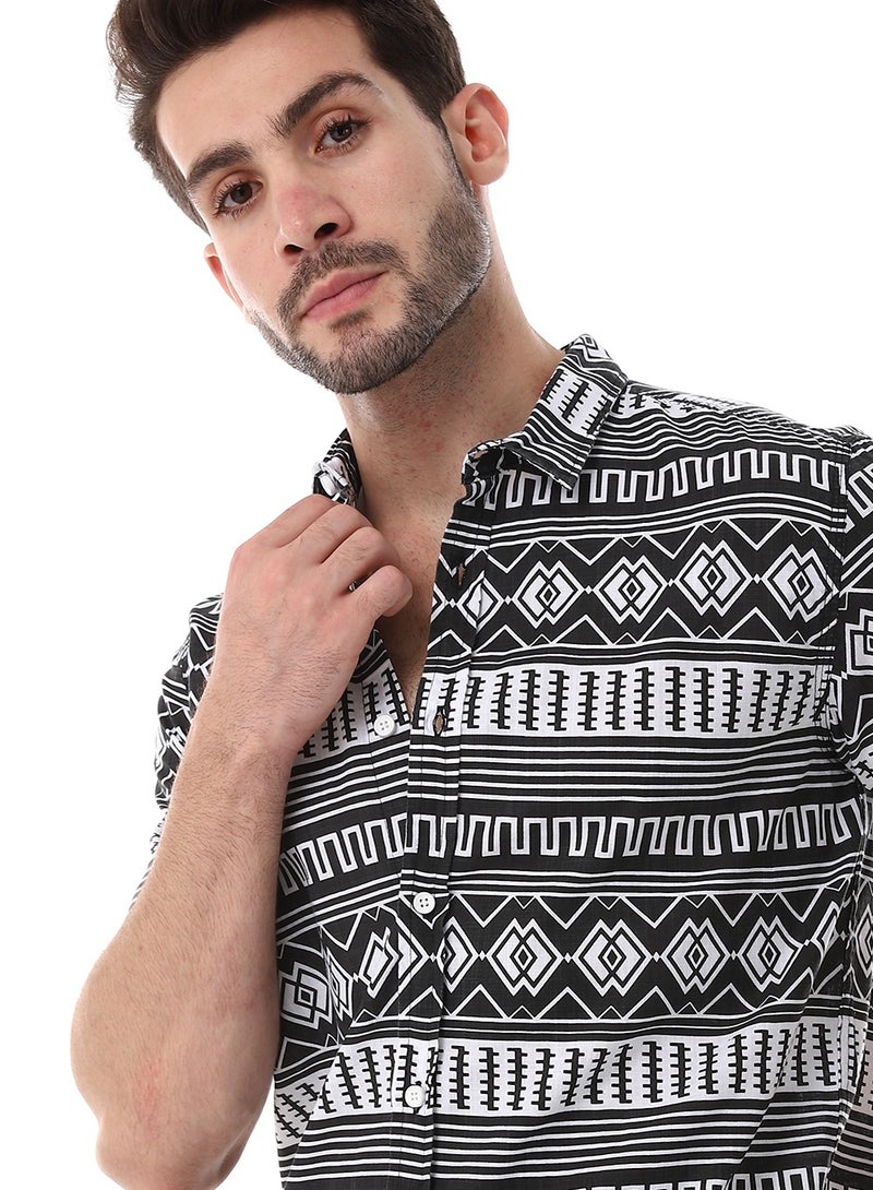 WHITE RABBIT Short Sleeves Turn Down Collar Shirt - Black & White  - Image 4