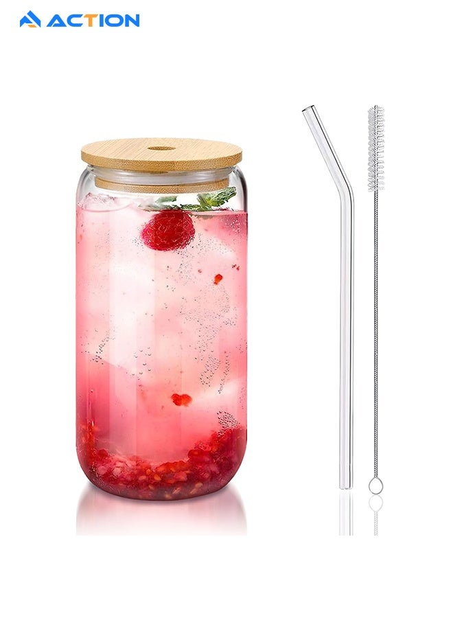 ACTION Glass Cups With Bamboo Lids And Glass Straw - Beer Shaped Drinking Glasses, 16 Oz Iced Coffee Glasses, Cute Tumbler Cup For Smoothie, Boba Tea, Whiskey, Water - 1 Cleaning Brushes - Image 1