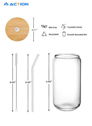 Glass Cups With Bamboo Lids And Glass Straw - Beer Shaped Drinking Glasses, 16 Oz Iced Coffee Glasses, Cute Tumbler Cup For Smoothie, Boba Tea, Whiskey, Water - 1 Cleaning Brushes - view 2