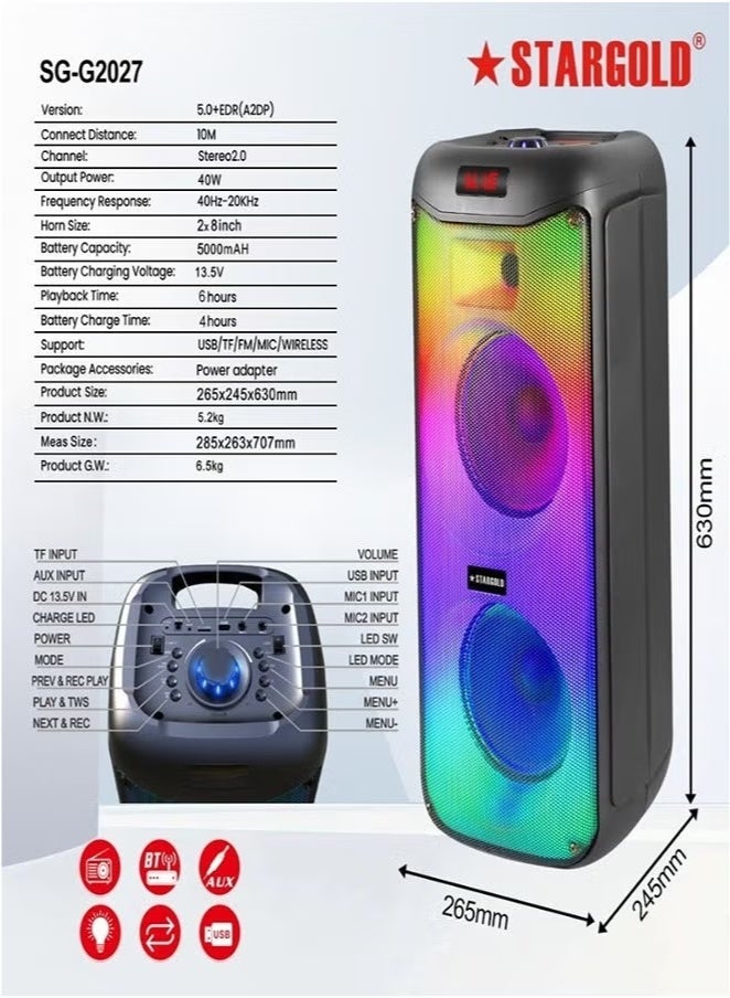 Stargold Rechargeable Party Bluetooth Speaker Stereo 2.0 Channel Speaker Remote Control Via BT, USB, SD/MMC Black - Image 3