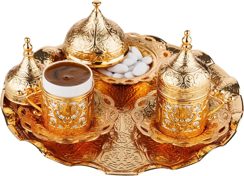 DEMMEX Turkish Greek Arabic Coffee Making and Serving Full Set with Cups Saucers Lids Sugar Bowl Tray and Copper Coffee Pot, Hand Decorated with Gold Crystals, 12 Pcs (Gold) - Image 5