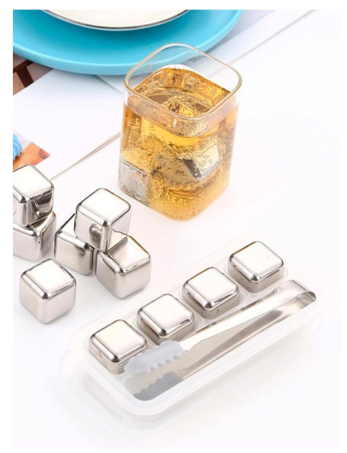 FYCAN FYCAN 4Pcs Stainless Steel Ice Cubes Set Reusable Chilling Stones with Tongs for Whiskey Wine Wine Cooling Cube Chilling Rock Party Bar Tool - Image 3