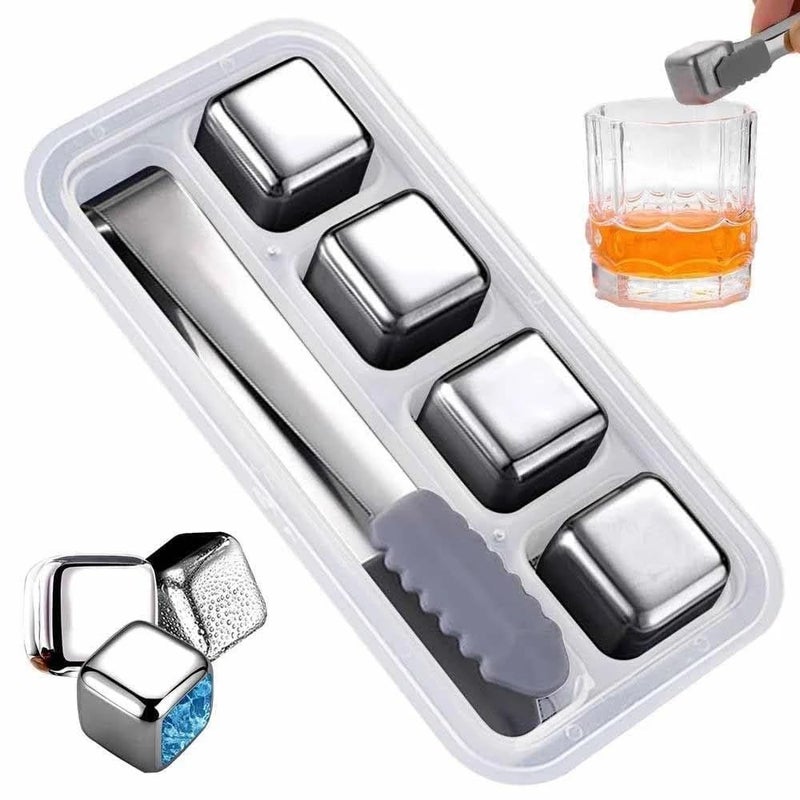 FYCAN FYCAN 4Pcs Stainless Steel Ice Cubes Set Reusable Chilling Stones with Tongs for Whiskey Wine Wine Cooling Cube Chilling Rock Party Bar Tool - Image 1