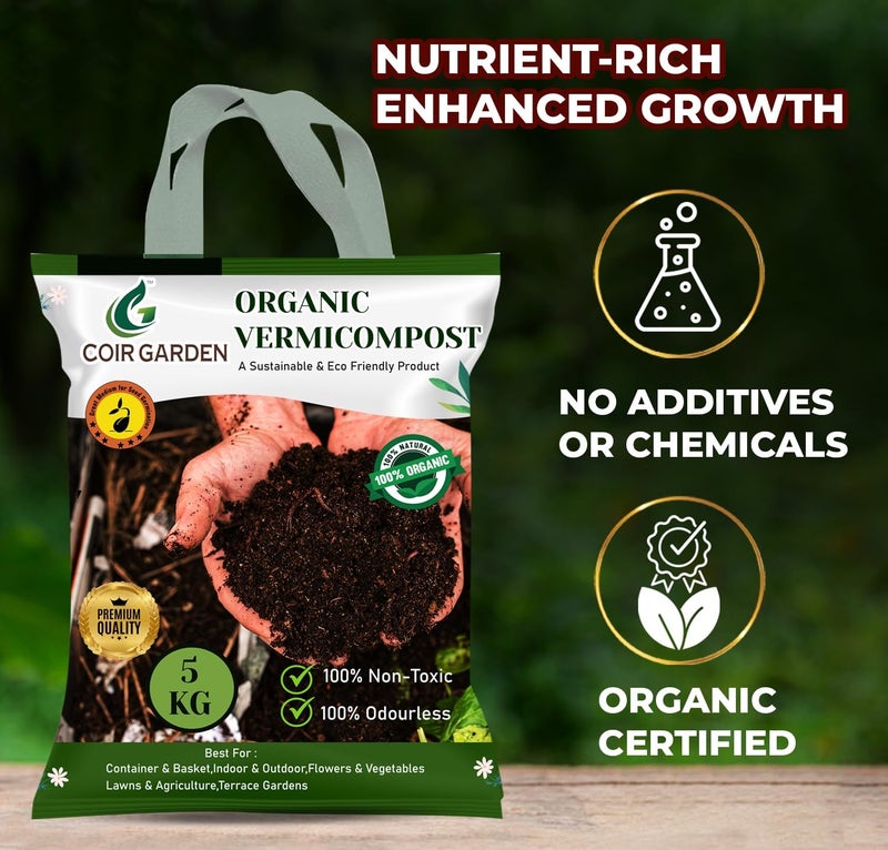 COIR GARDEN - سماد عضوي من ديدان الأرض للنباتات كمبيد حشري (5 KG) للزراعة المنزلية | خليط تربة لنباتات الأصيص | تربة حديقة للكمبوست | معزز طبيعي للنباتات المزهرة - Image 5