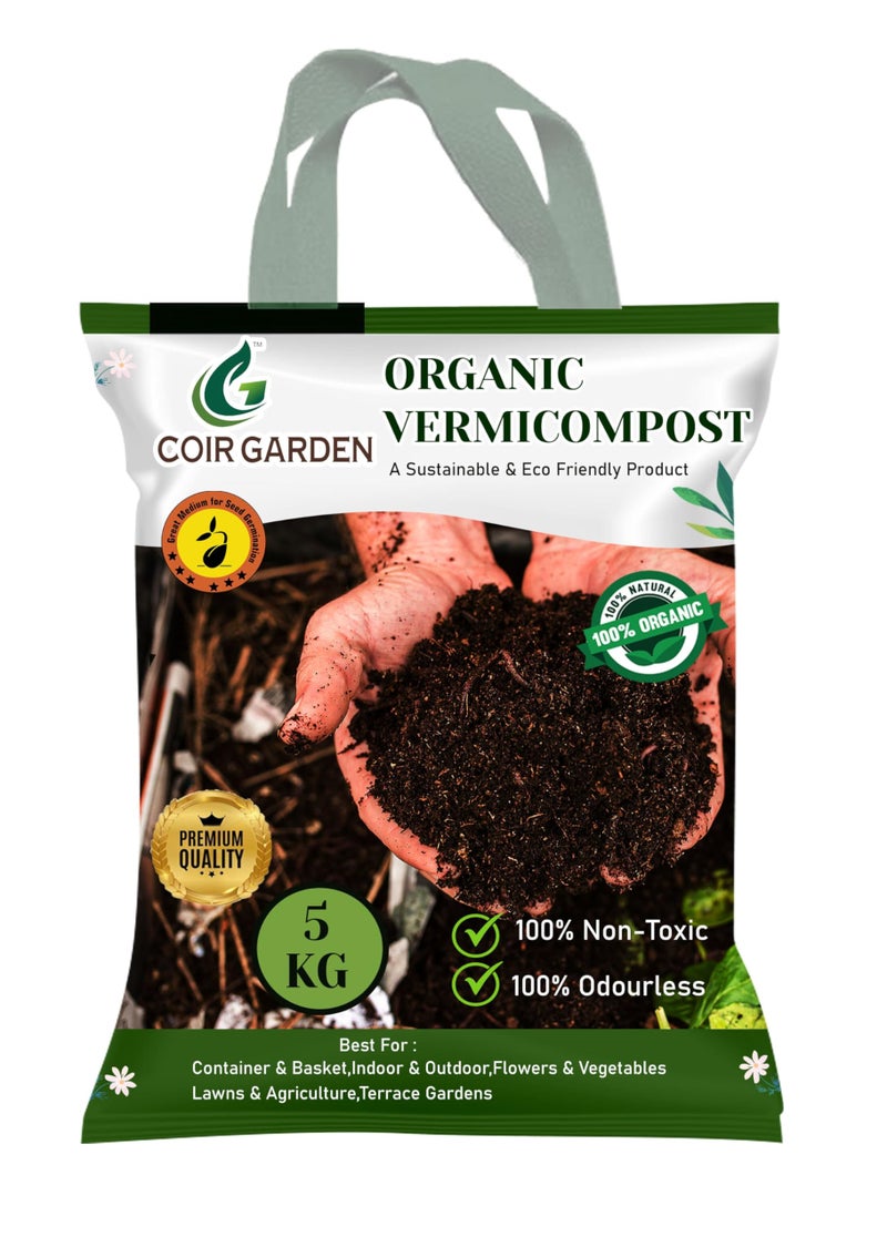 COIR GARDEN - سماد عضوي من ديدان الأرض للنباتات كمبيد حشري (5 KG) للزراعة المنزلية | خليط تربة لنباتات الأصيص | تربة حديقة للكمبوست | معزز طبيعي للنباتات المزهرة - Image 1