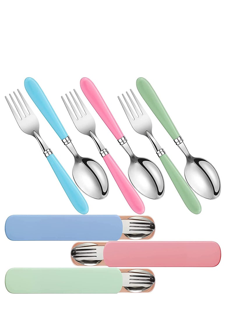SOLARAE Kids Utensils Stainless Steel Fork and Spoon Set Child Stainless Steel Flatware Set with Silicone Round Handle Safe Cutlery Set with Travel Cases( 3 Sets ) - Image 1