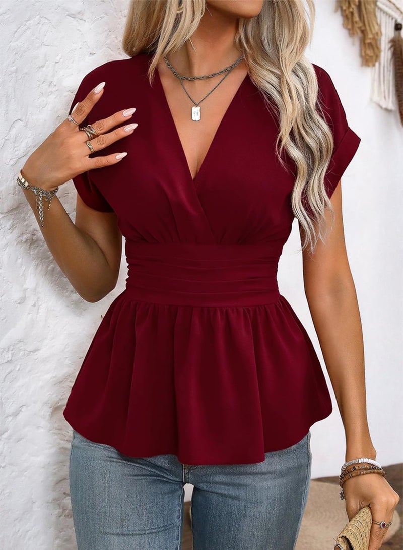 Astylish Women's Spring Ruched Waist Peplum Blouse Solid Dressy V Neck Short Sleeve Smocked Shirt Tops 2026 Burgundy Small - Image 3