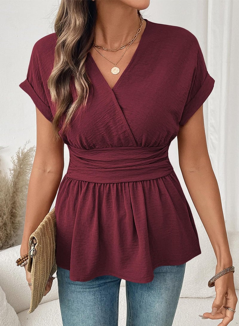 Astylish Women's Spring Ruched Waist Peplum Blouse Solid Dressy V Neck Short Sleeve Smocked Shirt Tops 2026 Burgundy Small - Image 4