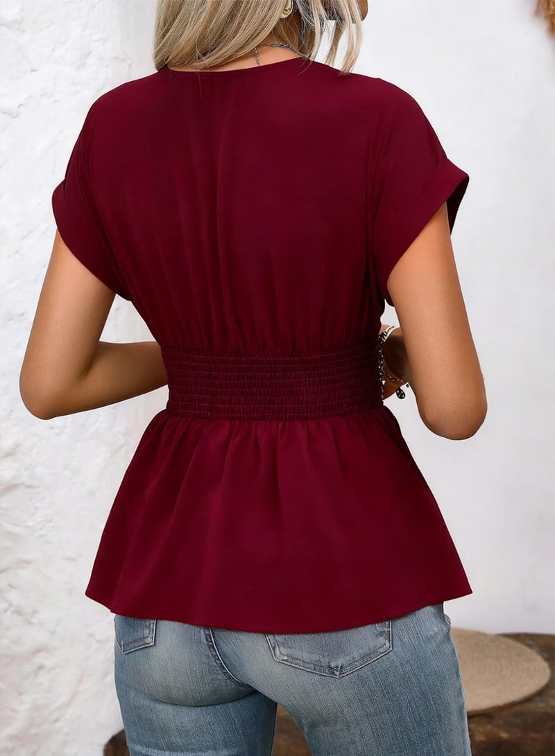 Astylish Women's Spring Ruched Waist Peplum Blouse Solid Dressy V Neck Short Sleeve Smocked Shirt Tops 2026 Burgundy Small - Image 2