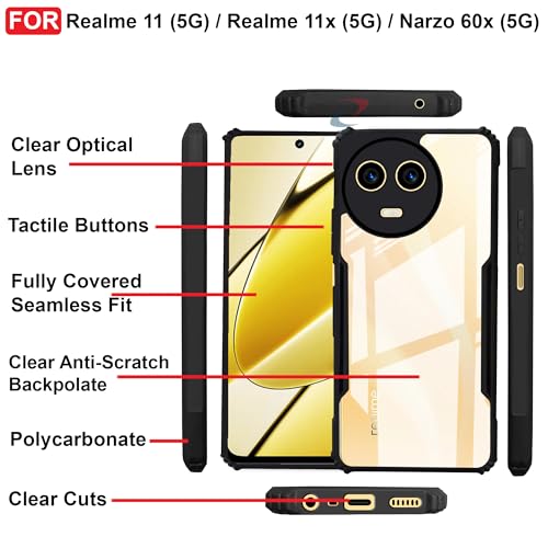 CEDO Backcover for Realme 11/ Realme 11x/ Narzo 60x (5G) | Camera Protection Shockproof Bumper-Edge | Acrylic Crystal Clear 360 Degree Protection TPU+PC | Transparent Eagle Back Case Cover (Black) - Image 5