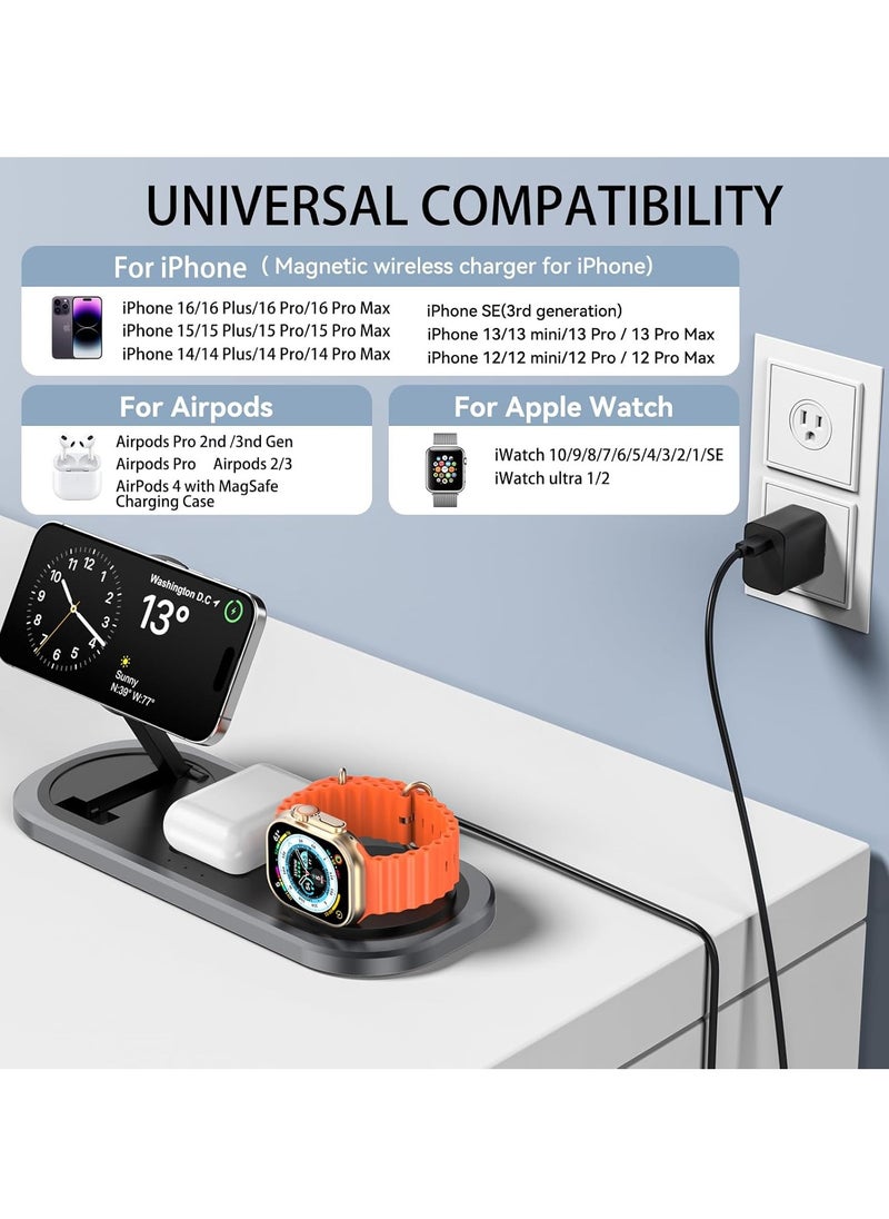 Generic - 3 in 1 Wireless Charger for iPhone, Foldable Charging Station for Magsafe for iPhone 16/15/14/13/12/Pro Max/Pro/Mini/Plus, Apple Watch 10/9/8/7/SE/6/5/4/3/2/1/Ultra2/Ultra, AirPods pro/2/3/4 (Black) - Image 1