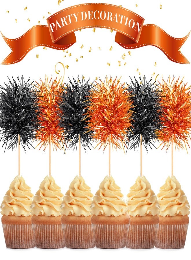 Chinco 100 Pcs Foil Firework Cupcake Toppers Sparkle Tinsel Cake Toppers Cake Decoration Cocktail Fruit Toothpick for Birthday Wedding Graduation Party(Orange, Black) - Image 4