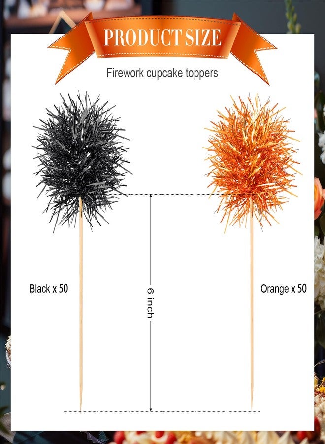 Chinco 100 Pcs Foil Firework Cupcake Toppers Sparkle Tinsel Cake Toppers Cake Decoration Cocktail Fruit Toothpick for Birthday Wedding Graduation Party(Orange, Black) - Image 2