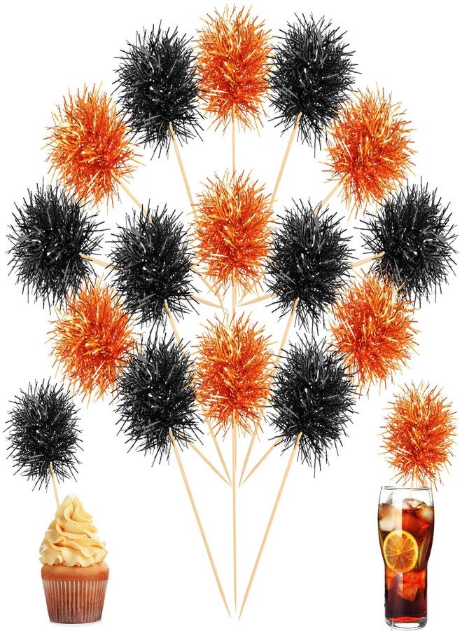 Chinco 100 Pcs Foil Firework Cupcake Toppers Sparkle Tinsel Cake Toppers Cake Decoration Cocktail Fruit Toothpick for Birthday Wedding Graduation Party(Orange, Black) - Image 1
