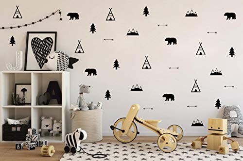 GESTYZ Woodland Wall Decal, Bears, Arrow, Teepees, Trees and Mountains Decor, Matte Vinyl Wall Stickers for Baby Bedroom, Nursery Wall Decals(Y05) (Black) - Image 3