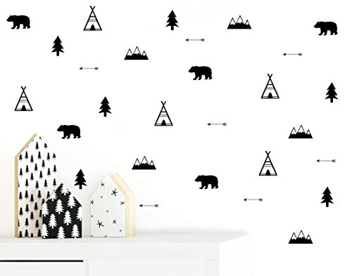 GESTYZ Woodland Wall Decal, Bears, Arrow, Teepees, Trees and Mountains Decor, Matte Vinyl Wall Stickers for Baby Bedroom, Nursery Wall Decals(Y05) (Black) - Image 2