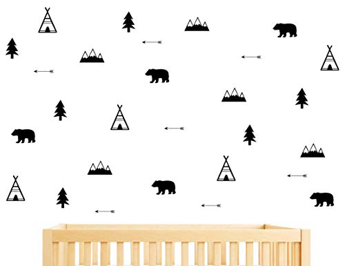 GESTYZ Woodland Wall Decal, Bears, Arrow, Teepees, Trees and Mountains Decor, Matte Vinyl Wall Stickers for Baby Bedroom, Nursery Wall Decals(Y05) (Black) - Image 5