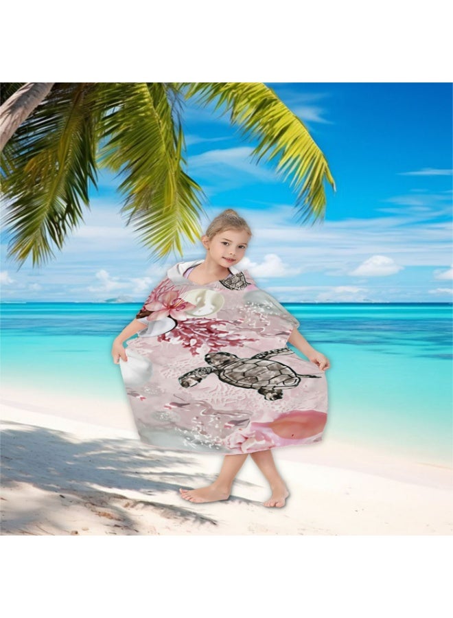 Pale Pink Mist Base Watercolor Ink Sketch Turtle Coral Hibiscus Fish Bubble Printed Unisex Kids Hooded Quick Dry Poncho Towel, Polyester Soft Water Absorbent Loose Windproof Bath Wrap for All Kids, Ideal for Beach, Swimming Pool, Hot Spring & Daily Shower - Image 2