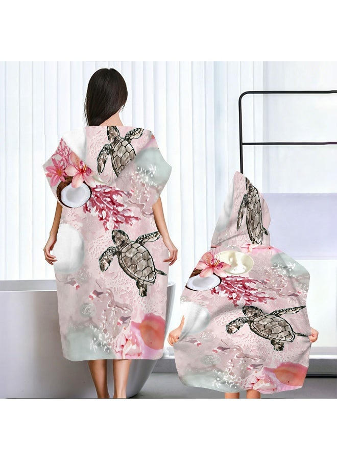 Pale Pink Mist Base Watercolor Ink Sketch Turtle Coral Hibiscus Fish Bubble Printed Unisex Kids Hooded Quick Dry Poncho Towel, Polyester Soft Water Absorbent Loose Windproof Bath Wrap for All Kids, Ideal for Beach, Swimming Pool, Hot Spring & Daily Shower - Image 3