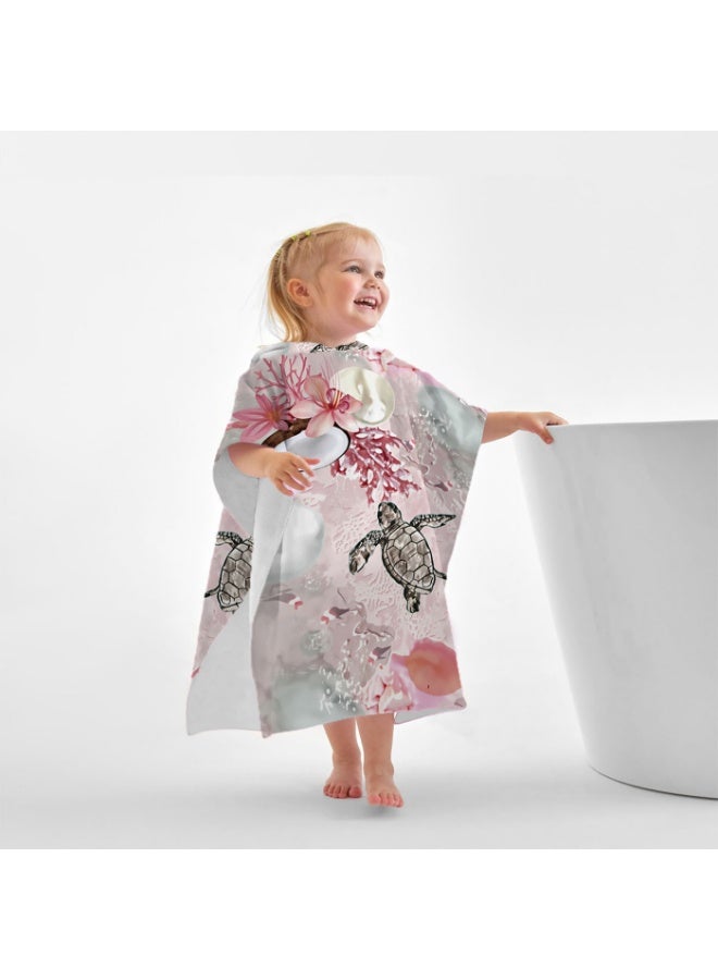 Pale Pink Mist Base Watercolor Ink Sketch Turtle Coral Hibiscus Fish Bubble Printed Unisex Kids Hooded Quick Dry Poncho Towel, Polyester Soft Water Absorbent Loose Windproof Bath Wrap for All Kids, Ideal for Beach, Swimming Pool, Hot Spring & Daily Shower - Image 1