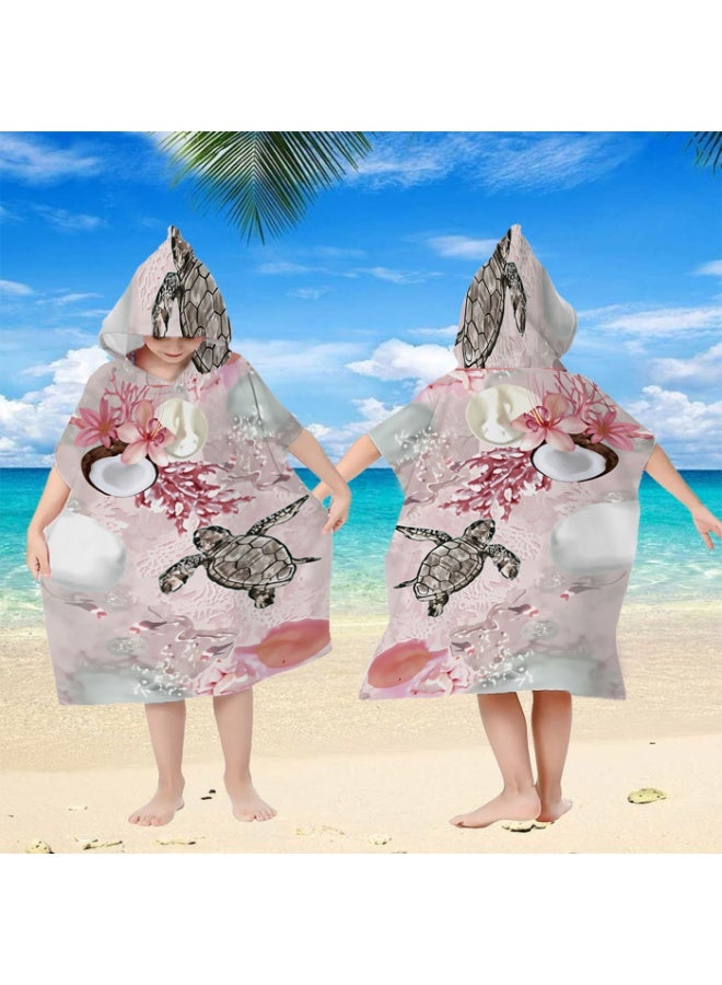 Pale Pink Mist Base Watercolor Ink Sketch Turtle Coral Hibiscus Fish Bubble Printed Unisex Kids Hooded Quick Dry Poncho Towel, Polyester Soft Water Absorbent Loose Windproof Bath Wrap for All Kids, Ideal for Beach, Swimming Pool, Hot Spring & Daily Shower - Image 5
