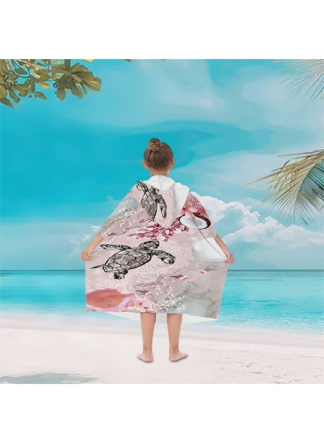 Pale Pink Mist Base Watercolor Ink Sketch Turtle Coral Hibiscus Fish Bubble Printed Unisex Kids Hooded Quick Dry Poncho Towel, Polyester Soft Water Absorbent Loose Windproof Bath Wrap for All Kids, Ideal for Beach, Swimming Pool, Hot Spring & Daily Shower - Image 4