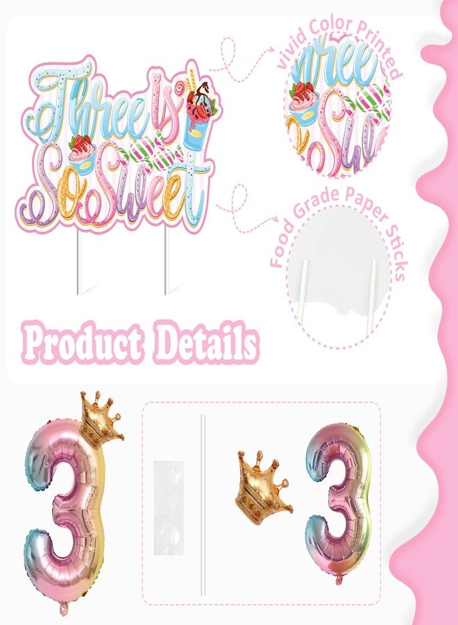 JUYRLE Three Is So Sweet Birthday Decors Girls，3rd Birthday Party Supplies Ice Cream Donut Banner Cake Toppers Hanging Swirls Latex Foil Balloons Girls Third Birthday Decors (SET-Sweet-3Years-B) - Image 4