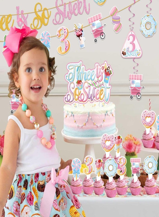 JUYRLE Three Is So Sweet Birthday Decors Girls，3rd Birthday Party Supplies Ice Cream Donut Banner Cake Toppers Hanging Swirls Latex Foil Balloons Girls Third Birthday Decors (SET-Sweet-3Years-B) - Image 5