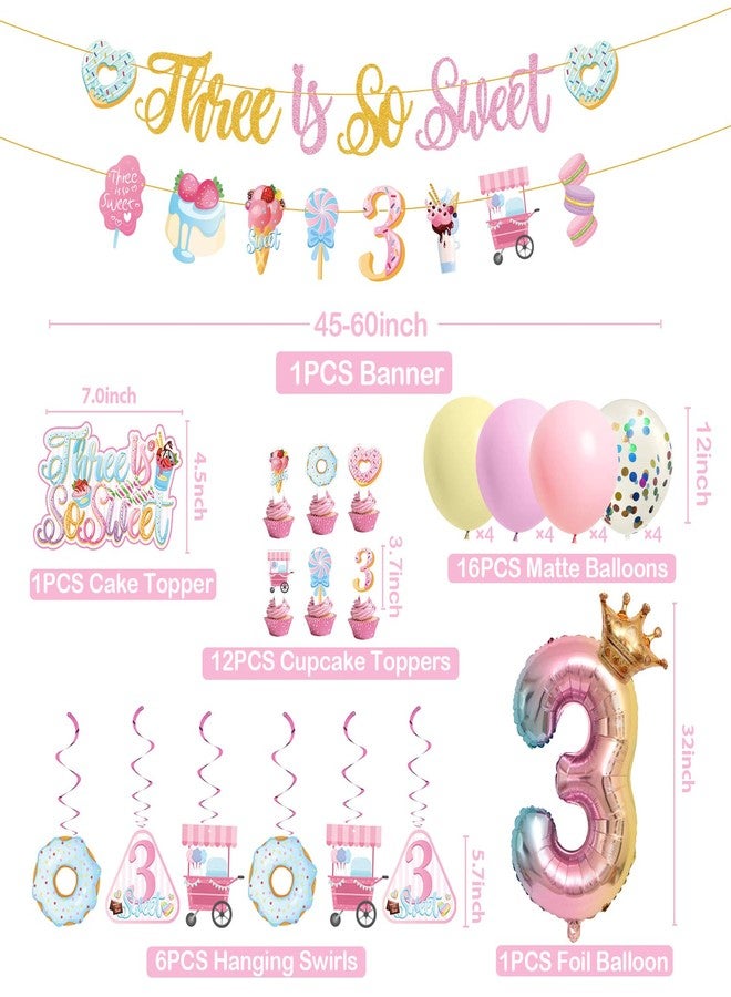 JUYRLE Three Is So Sweet Birthday Decors Girls，3rd Birthday Party Supplies Ice Cream Donut Banner Cake Toppers Hanging Swirls Latex Foil Balloons Girls Third Birthday Decors (SET-Sweet-3Years-B) - Image 3