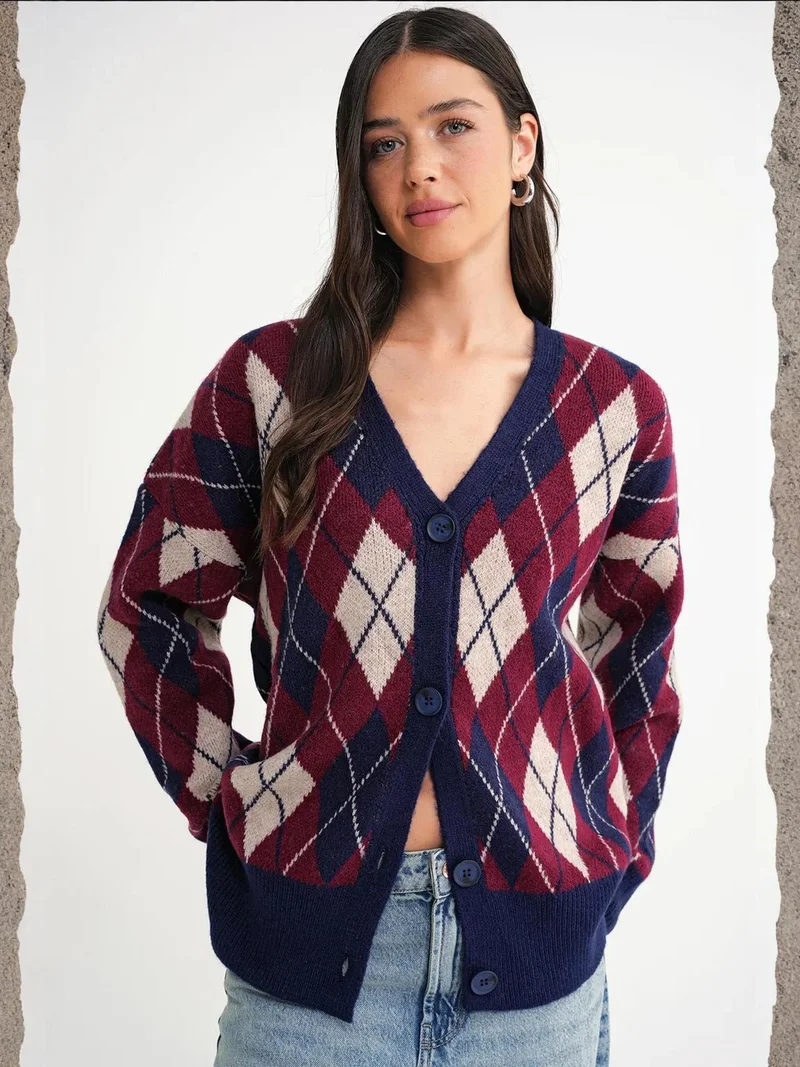 MixRay Mixray Oversize Argyle V-Neck Buttoned Cardigan
