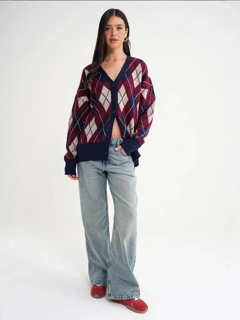 MixRay Mixray Oversize Argyle V-Neck Buttoned Cardigan
