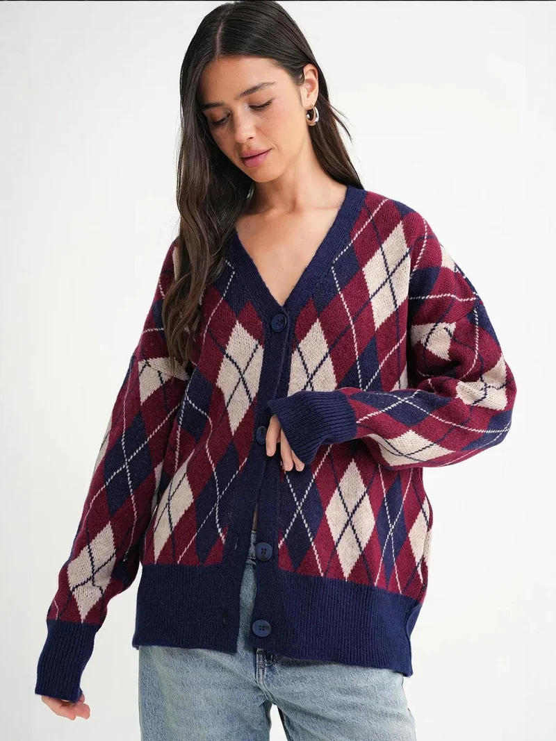 Mixray Navy Blue Mixray Oversize Argyle V-Neck Buttoned Cardigan for Women | Best Price UAE