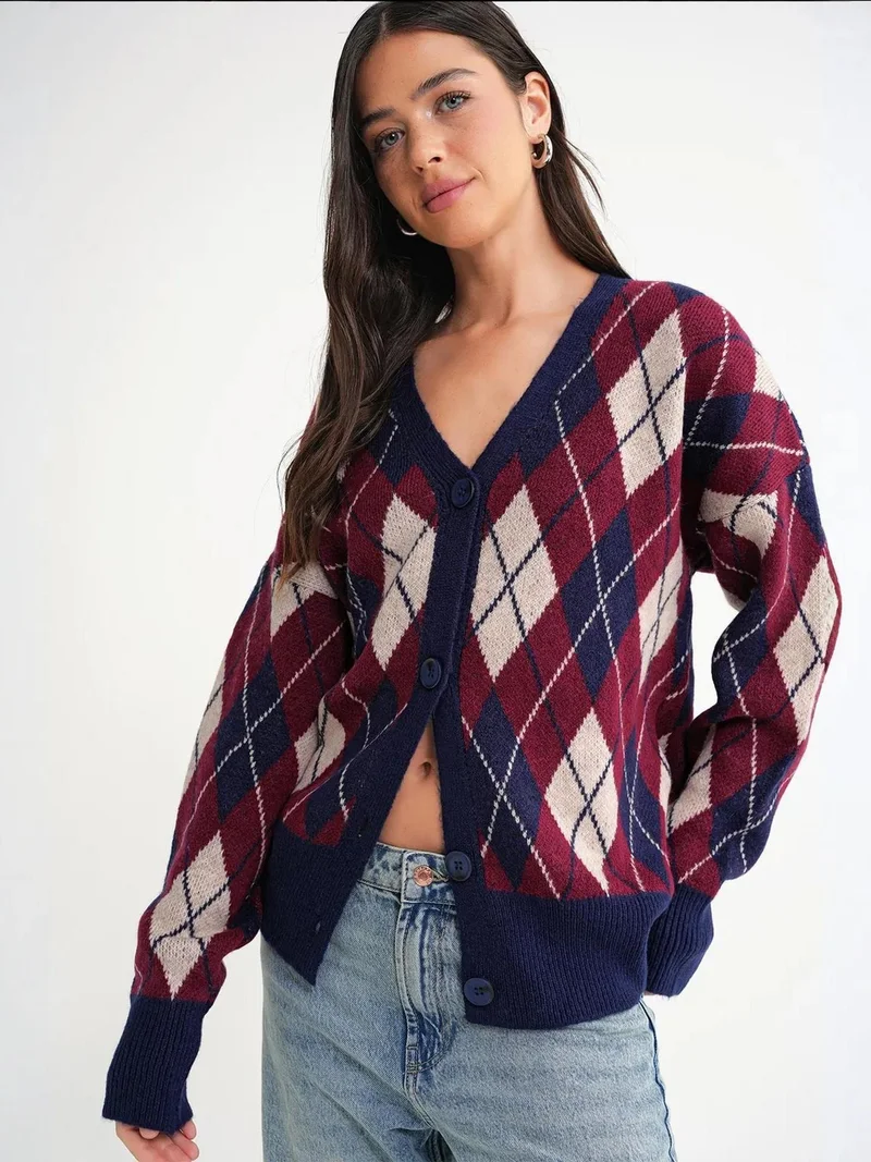Mixray Navy Blue Mixray Oversize Argyle V-Neck Buttoned Cardigan for Women | Best Price UAE