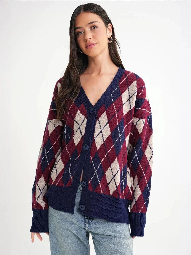 Mixray Navy Blue Mixray Oversize Argyle V-Neck Buttoned Cardigan for Women | Best Price UAE