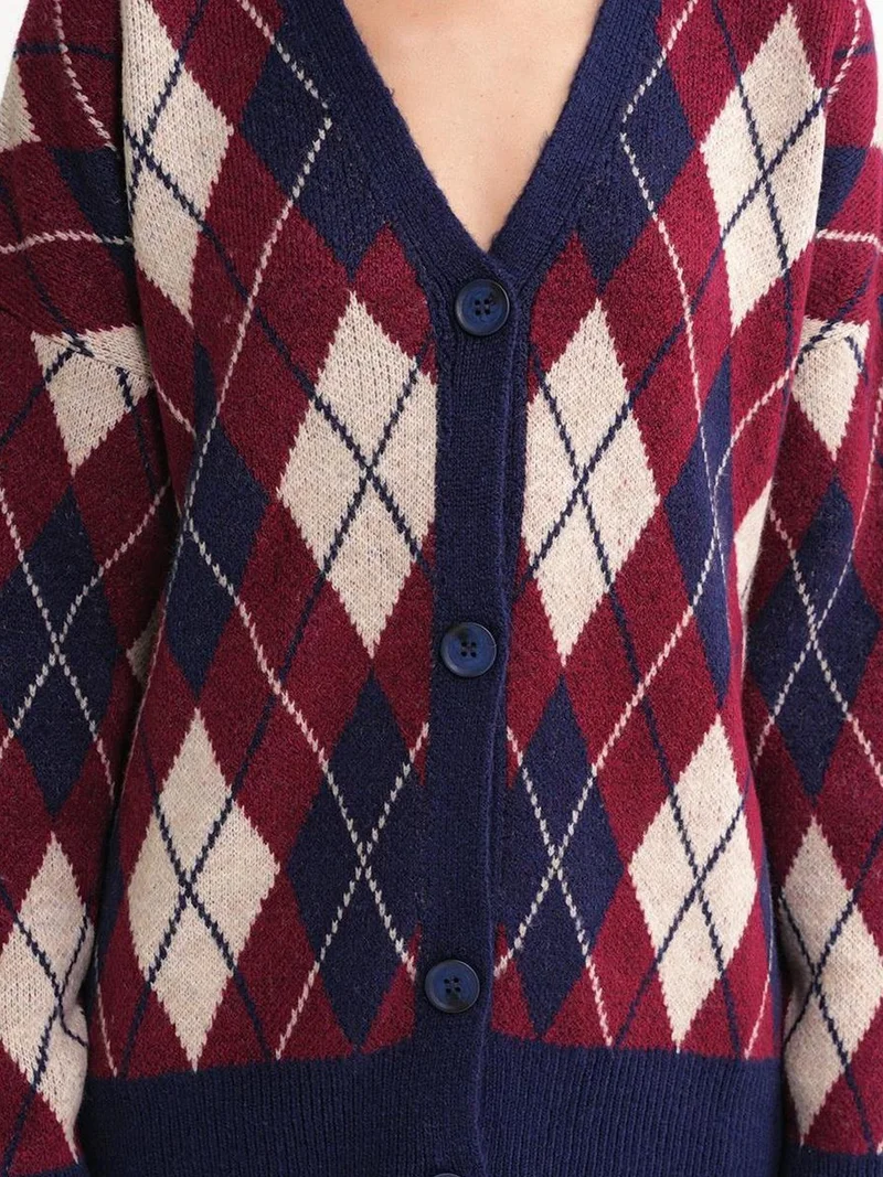 Mixray Navy Blue Mixray Oversize Argyle V-Neck Buttoned Cardigan for Women | Best Price UAE