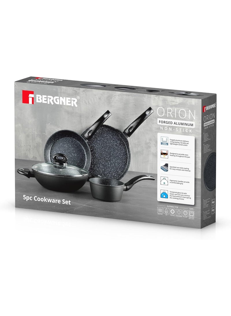 بيرجنر طقم أواني الطهي أورايون 5 قطع، مصنوع من الألمنيوم المطروق، مزوّد بقاعدة مناسبة لمواقد الحث، بطلاء رخامي غير لاصق، أواني طهي مناسبة لجميع أنواع المواقد، باللون الرمادي. - Image 1