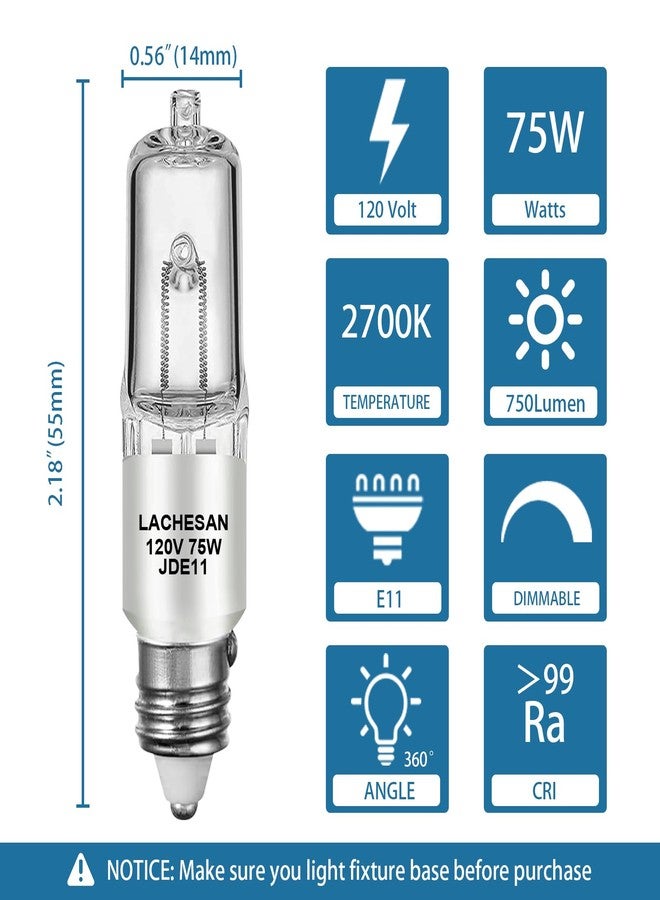 مصباح هالوجين Lachesan JDE11 بقوة 75 واط و120 فولت، قاعدة E11 (بديل لمصباح LED E11)، قاعدة T4 صغيرة، لون أبيض دافئ 2700 كلفن، قابل للتعتيم، مناسب للثريات، مراوح السقف، مصابيح الطاولة، إضاءة الخزائن، عبوة من 4 مصابيح - Image 3