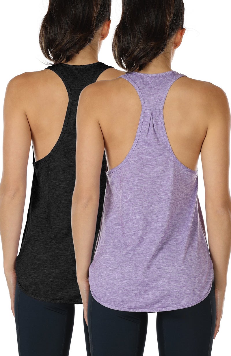 icyzone قمصان تدريب icyzone للنساء - قمصان يوغا رياضية، قميص جري بتصميم Racerback فضفاض (S، أسود/لافندر) - Image 1