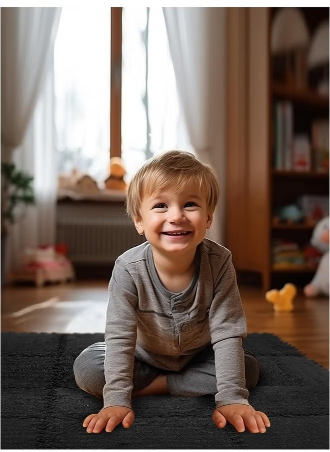 Plush Foam Floor Mat,Interlocking Carpet,Plush Puzzle Foam Floor Mat,Tiles Plush Puzzle Foam Floor Mat,Square Interlocking Carpet Tiles,Square Interlocking Fluffy Tiles,Soft Area Rugs,Border Fluffy Play Mat,Soft Climbing Area Rugs,Plush Foam Floor Mat for Home Playroom Decor,30x30cm (Black)